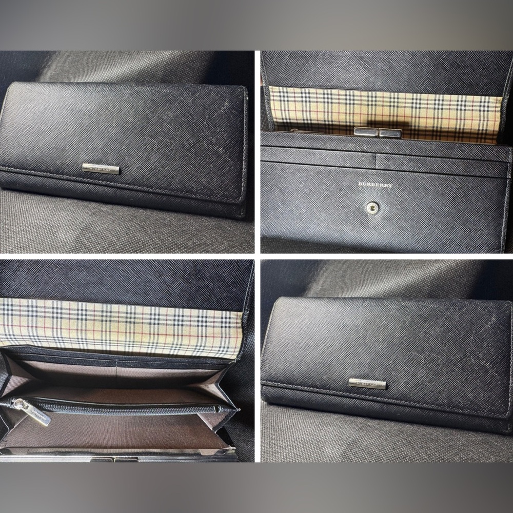 Burberry Black Saffiano Leather Continental Wallet Plaid Interior Rare - Picture 1 of 14
